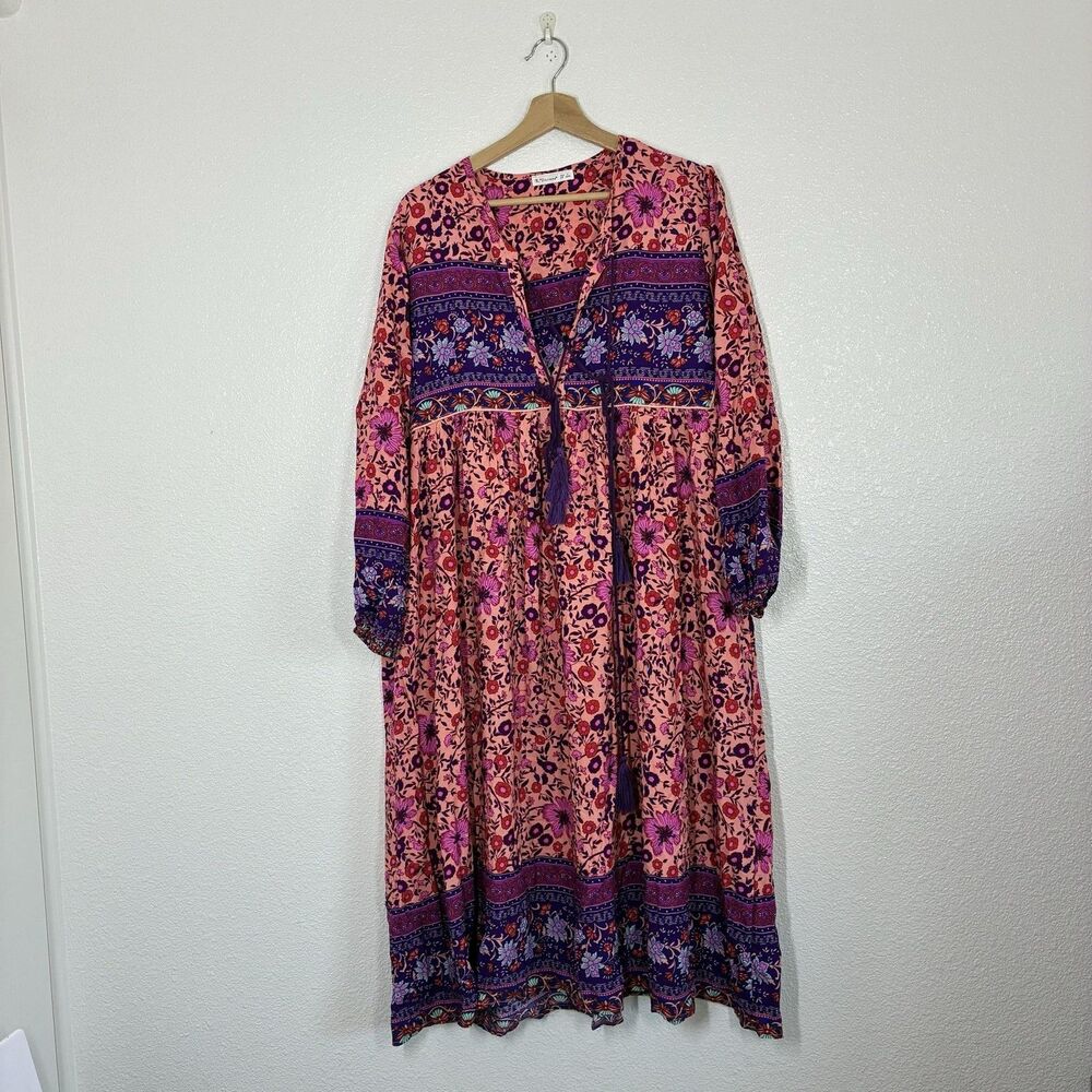 R. Vivimos Dress Womens Large Pink Floral Boho Maxi Long Sleeve V Neck Tassel